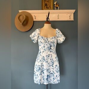 Bloomingdales aqua puff sleeve linen blend toile floral mini dress sz small